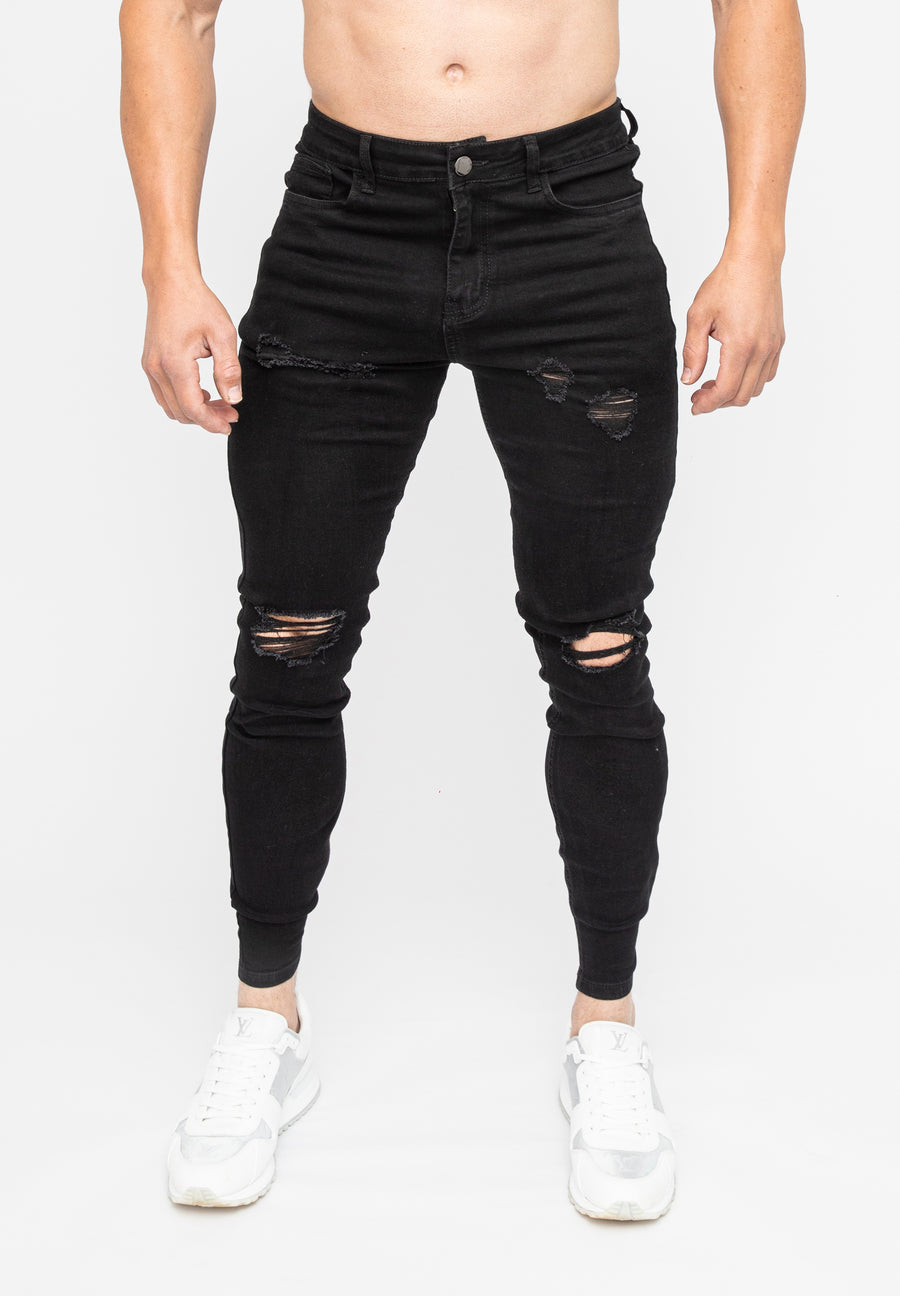 Black Ripped Jeans - Ultra Slim Stretch Fit