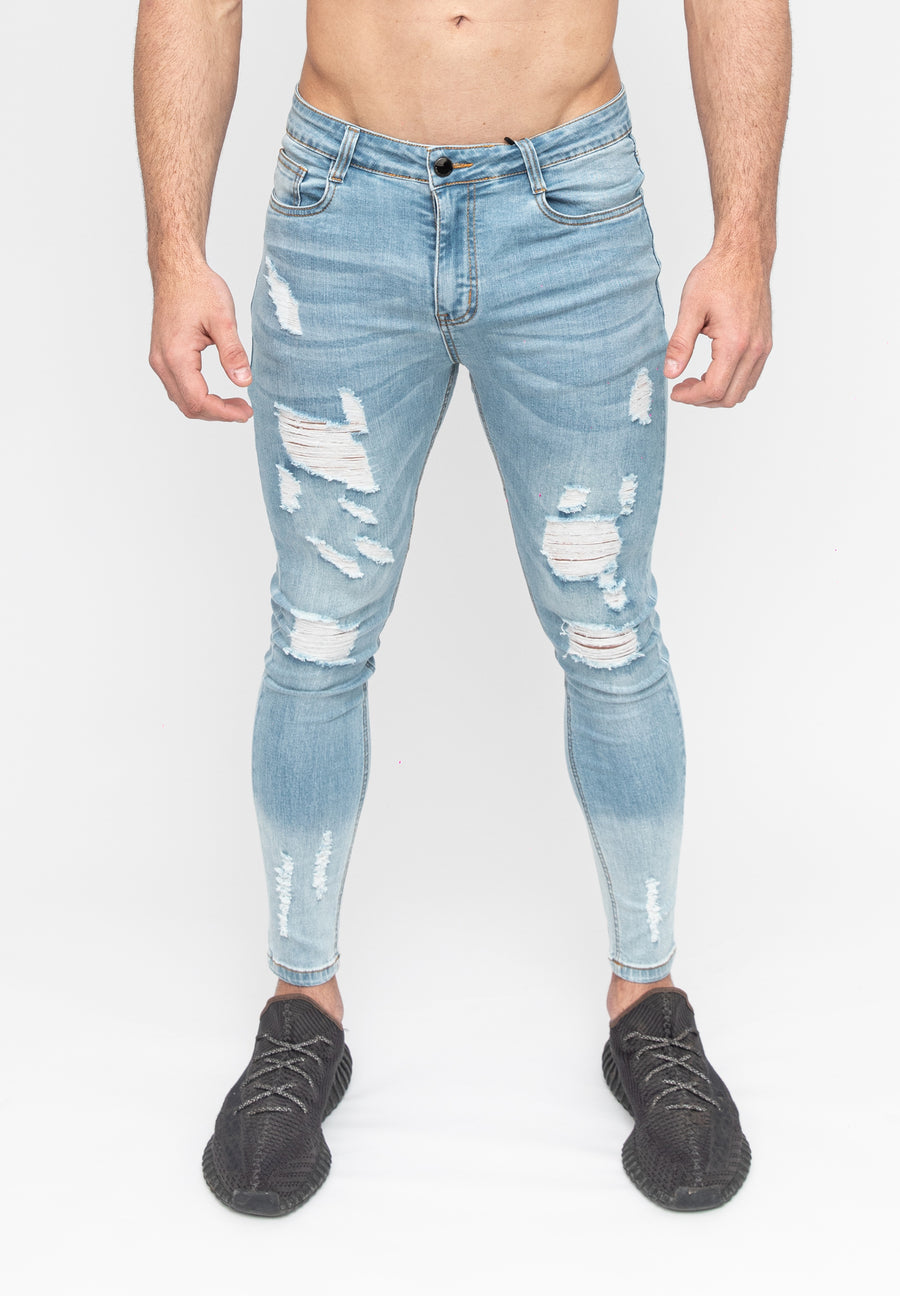 Men's Light Blue Ripped Skinny Jeans - Ultra Slim Stretch Fit